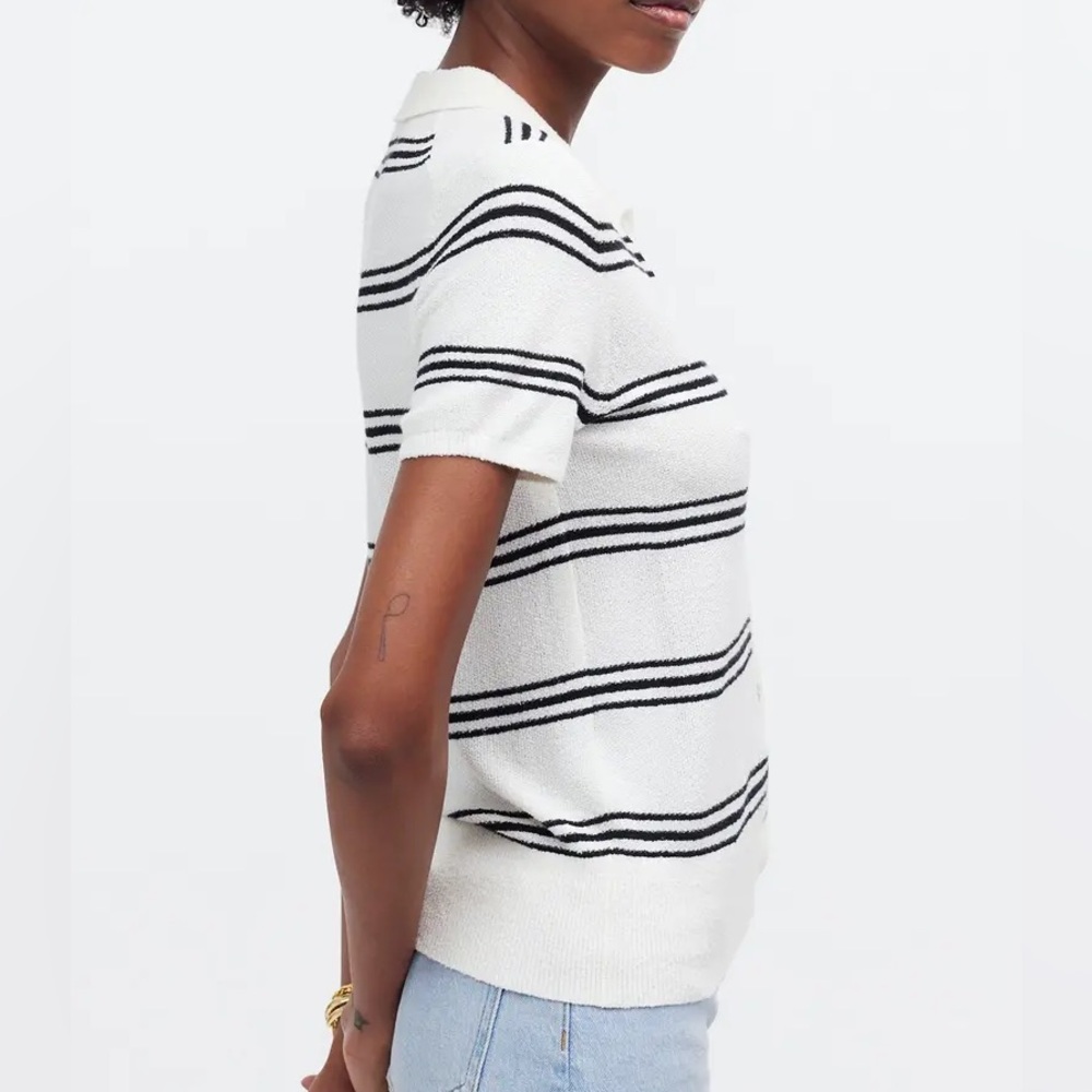Madewell Top Womens Large Stripe Knit Short Sleeve Button Up Polo Sporty Prep - Picture 3 of 8